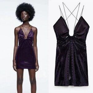 NWT New Zara Purple Ring Detail Shiny Mini Dress Size M